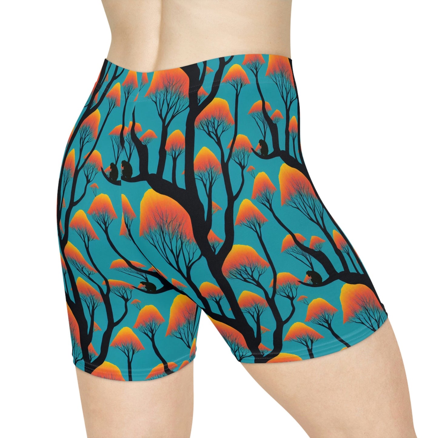 Ape Orange Forest Women Biker Shorts, Animal Clothing Graphic Shorts, Ape Clothing Gym Shorts, Sexy Booty Shorts