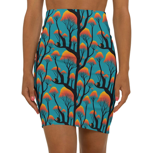 Orange Forest Pencil Skirt, Orange Mini Skirt, High Waist Skirt, Colorful Apparel, Forest Print Women's Skirt, Handmade Skirt