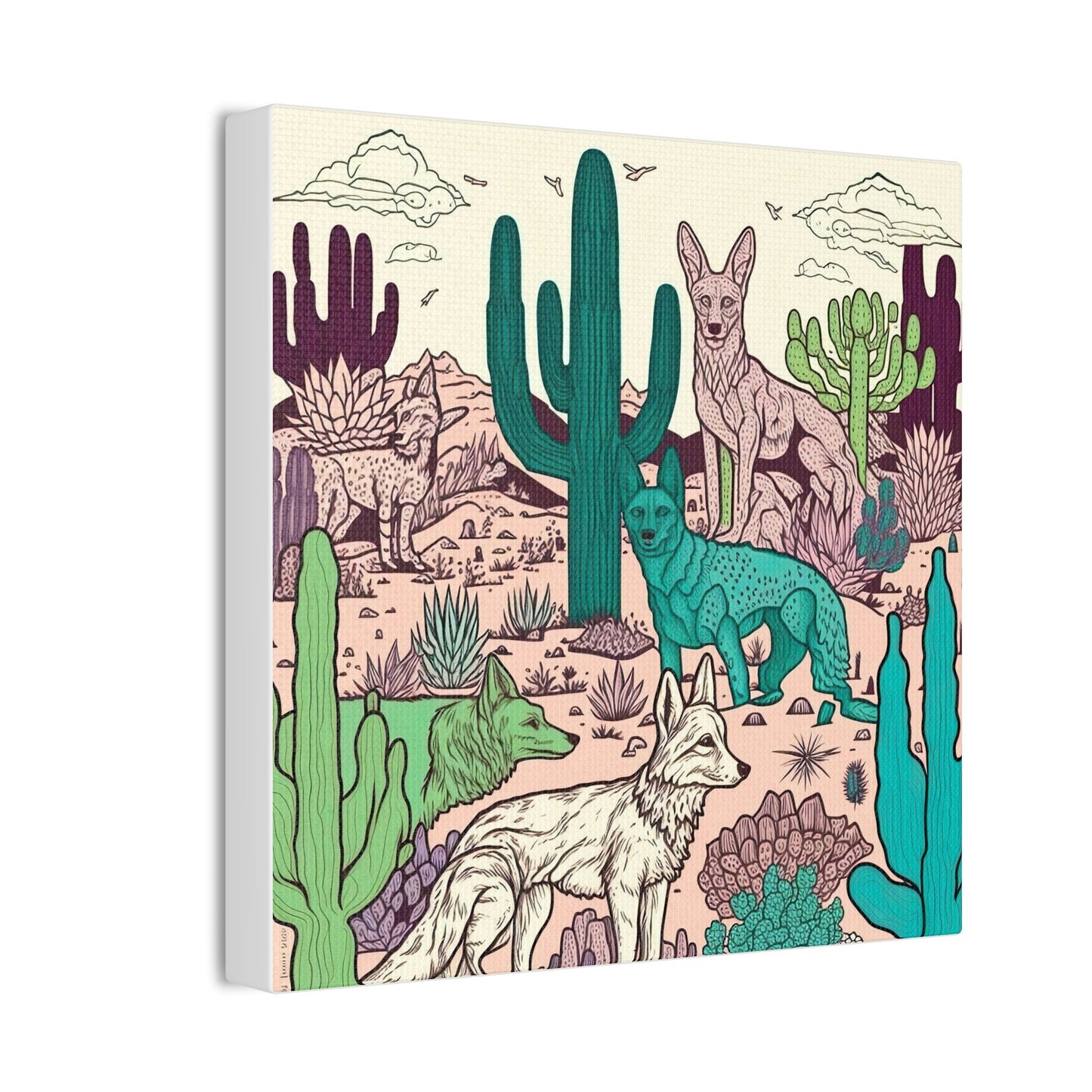 Coyote Cactus Pastel Canvas, Coyote Drawing Wall Art, Wild Animal Canvases, Home Decor Wall Canvas, Desert Wall Art