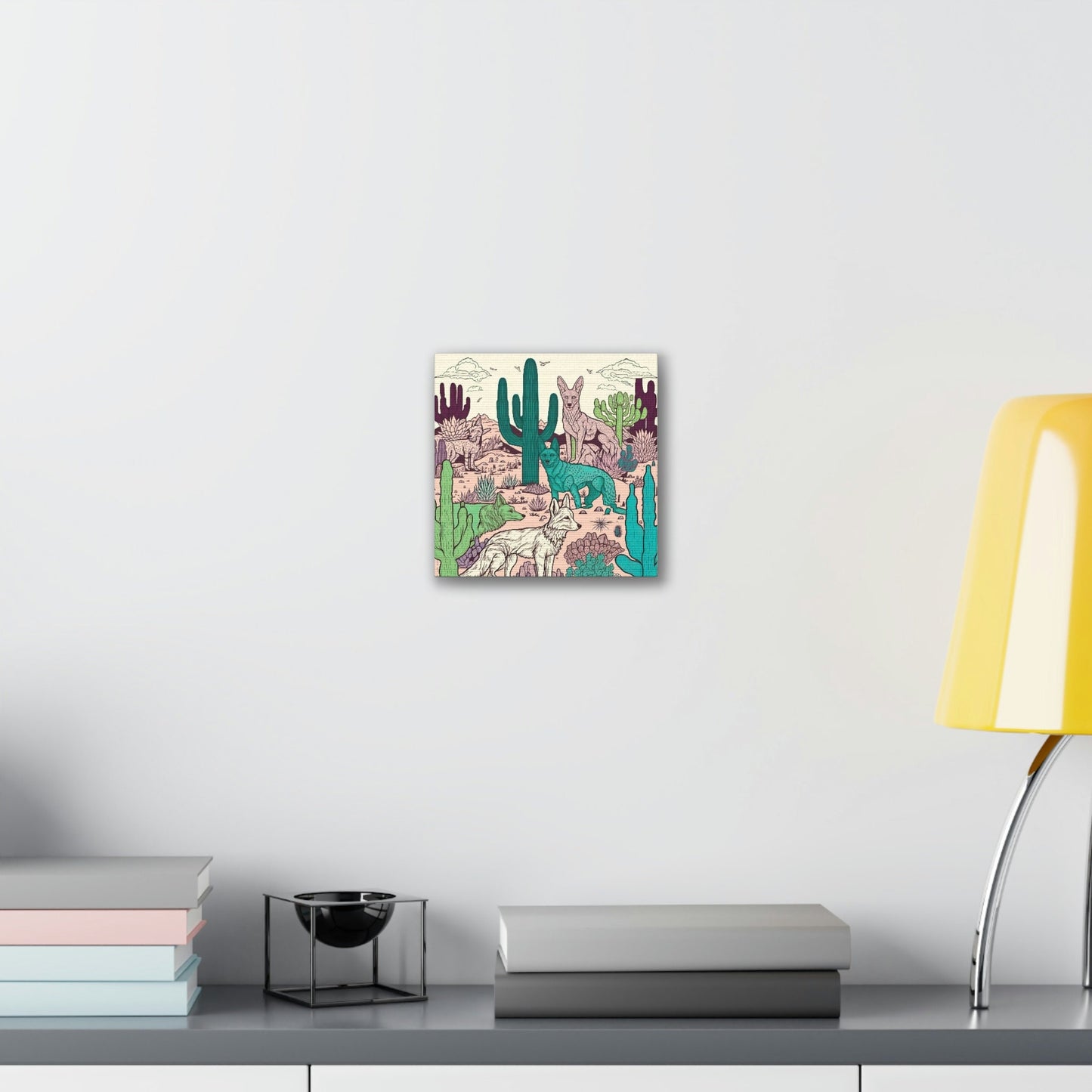 Coyote Cactus Pastel Canvas, Coyote Drawing Wall Art, Wild Animal Canvases, Home Decor Wall Canvas, Desert Wall Art