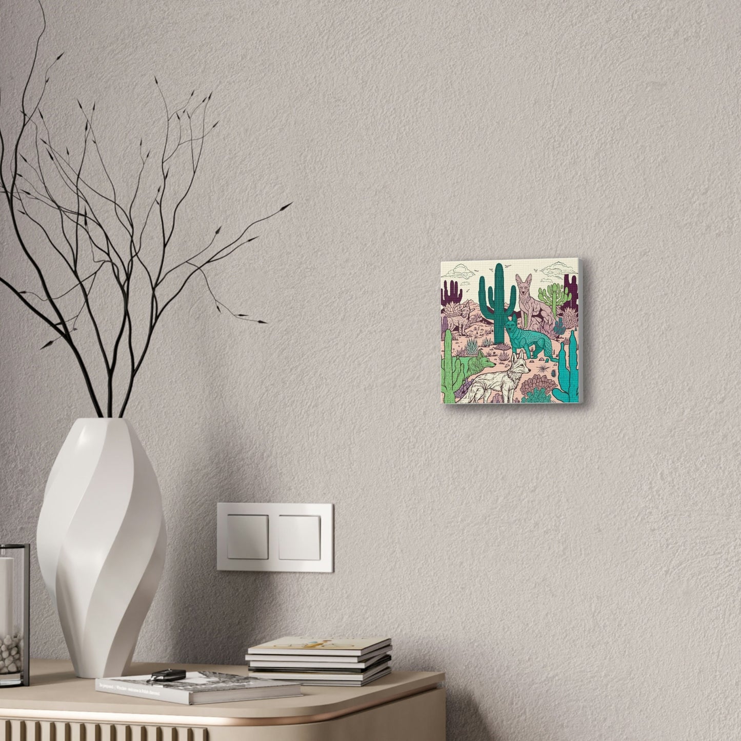 Coyote Cactus Pastel Canvas, Coyote Drawing Wall Art, Wild Animal Canvases, Home Decor Wall Canvas, Desert Wall Art