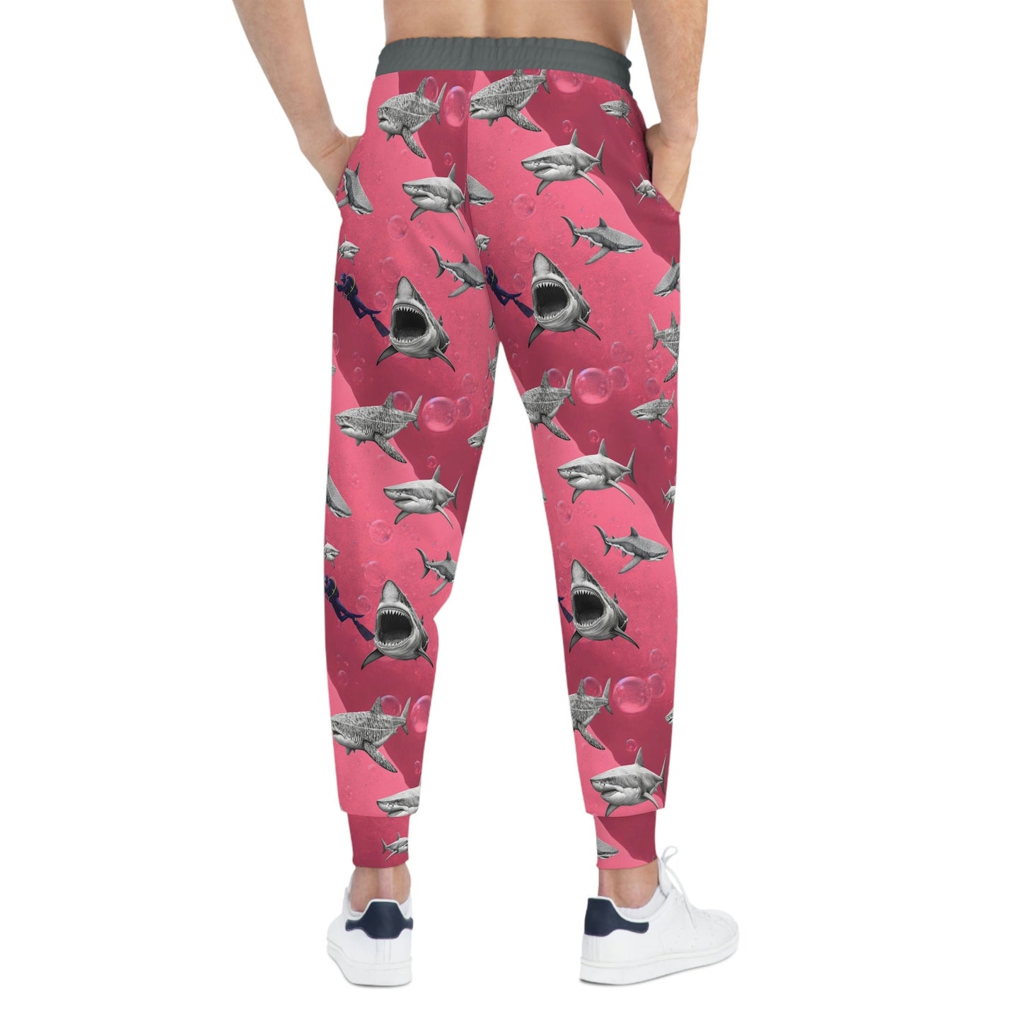 Pink Sea Shark Mens Joggers, Scuba Diving High Waisted Joggers, Pink Mens Yoga Pants, Athletic Clothing Streetwear Pants