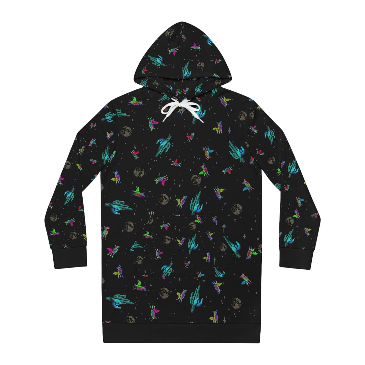 Animal Print Space Hoodie Dress, Coyote Cactus Womens Hoodie Dress, Oversized Hoodie With Pocket, Warm Dress