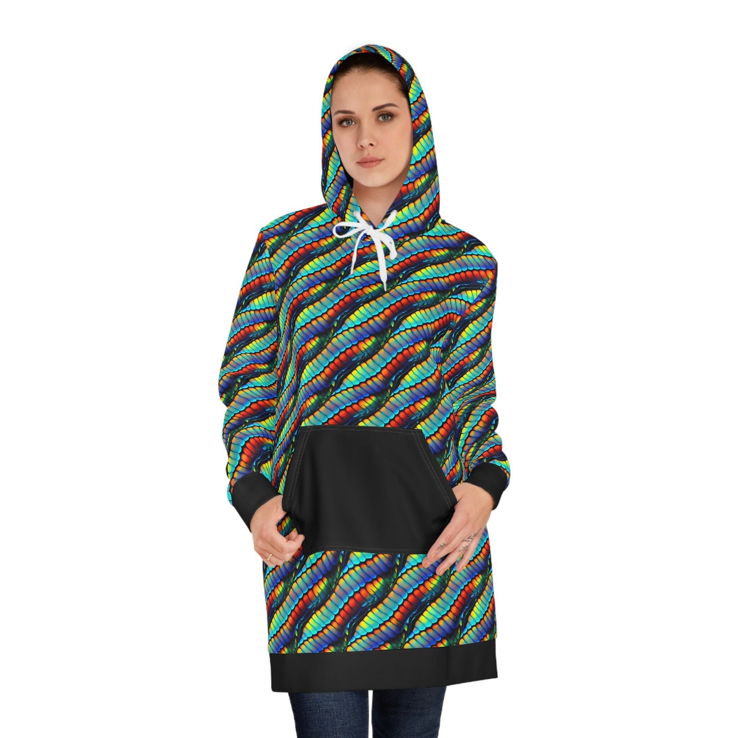 Colorful Rainbow Hoodie Dress, Long Sleeve Streetwear Hoodie Dress, Oversized Womens Hoodie, Winter Rainbow Dress