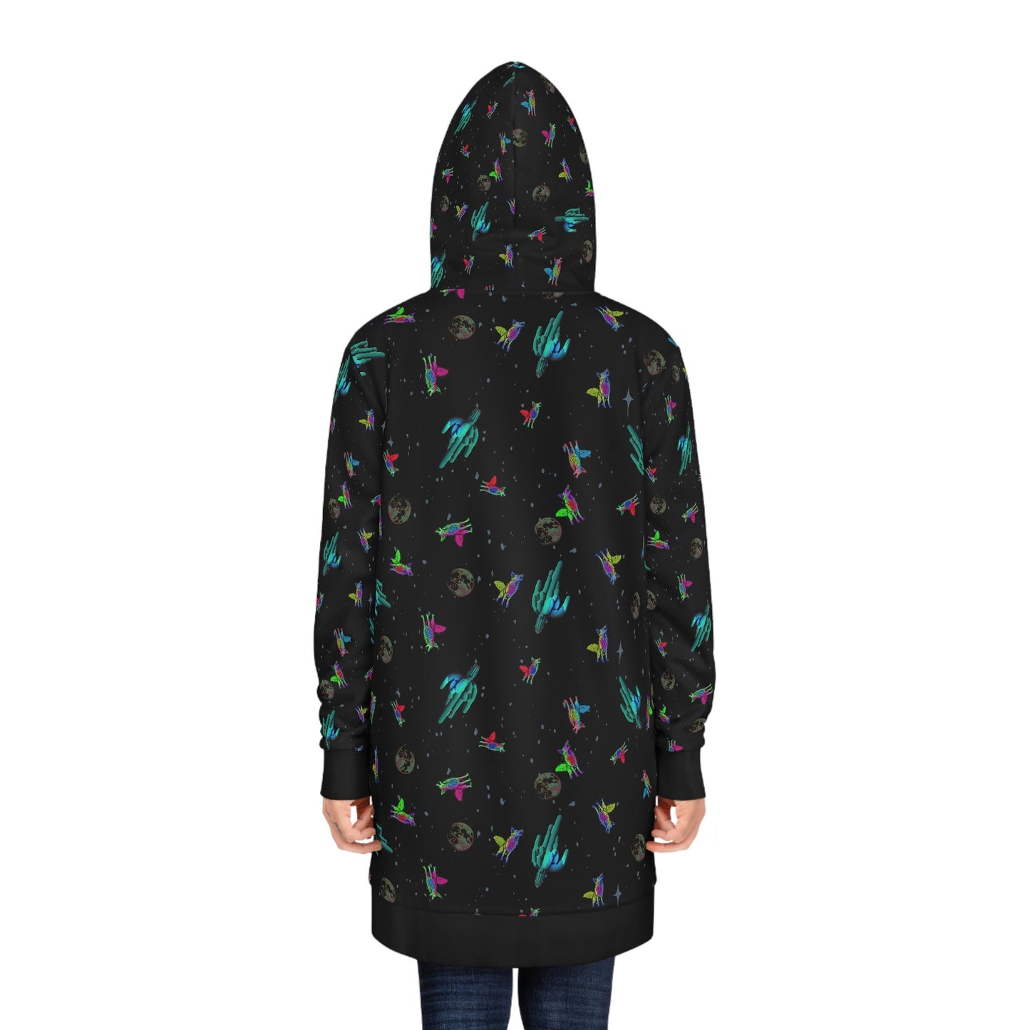 Animal Print Space Hoodie Dress, Coyote Cactus Womens Hoodie Dress, Oversized Hoodie With Pocket, Warm Dress