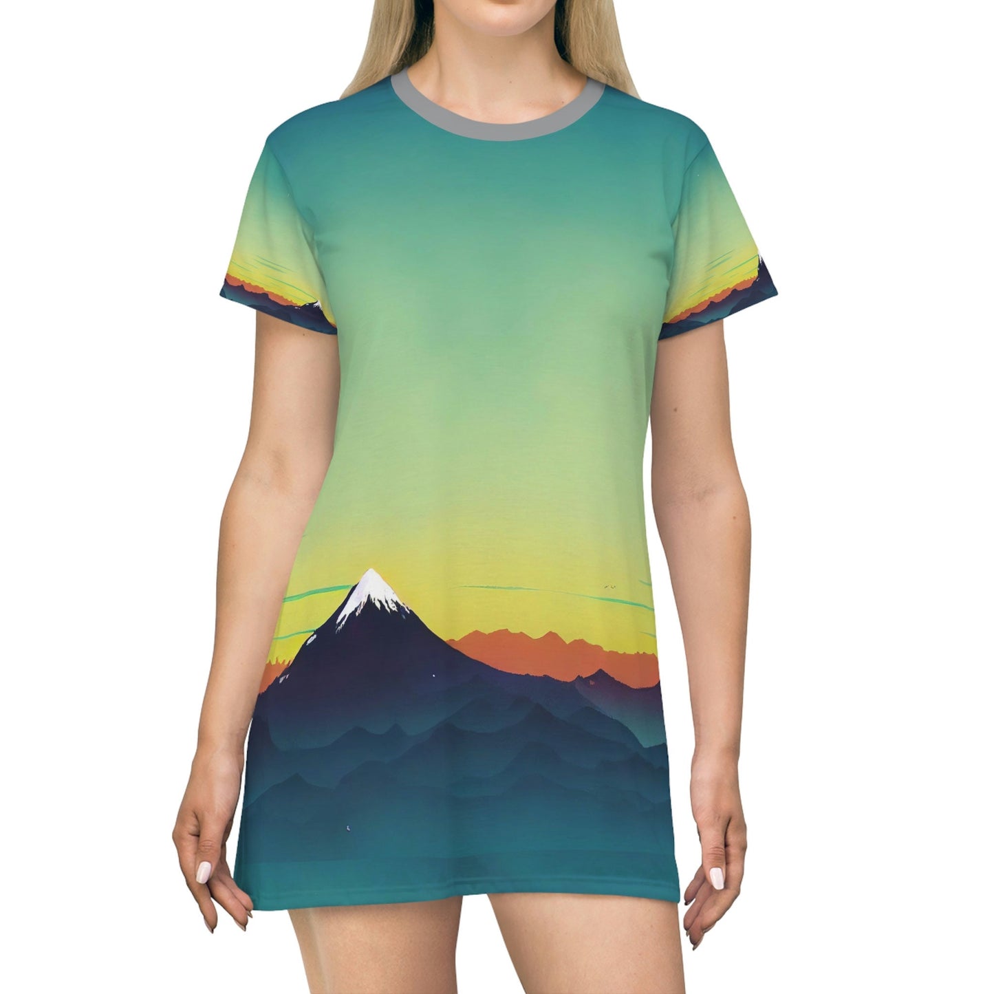 Sunrise Print Mountain Shirt Dress, Aesthetic Women Tshirt Dress, Oversized Summer Shirt, Graphic Comfy Shirt Dress
