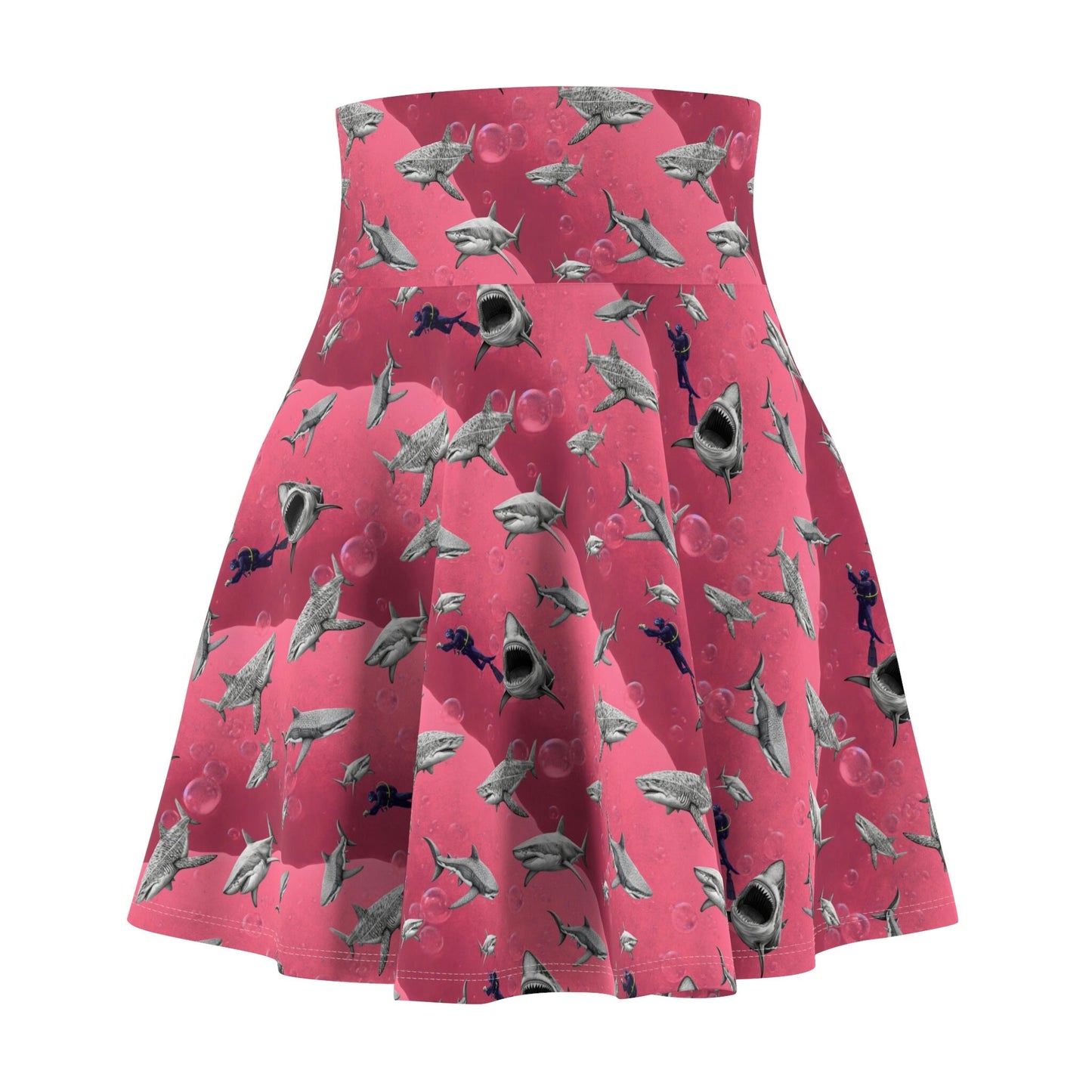 Shark Skater Skirt, Forest Print Women's Skirt, Handmade Scuba Skirt, Pink Sea Skirt, High Waist Skirt, Colorful Apparel