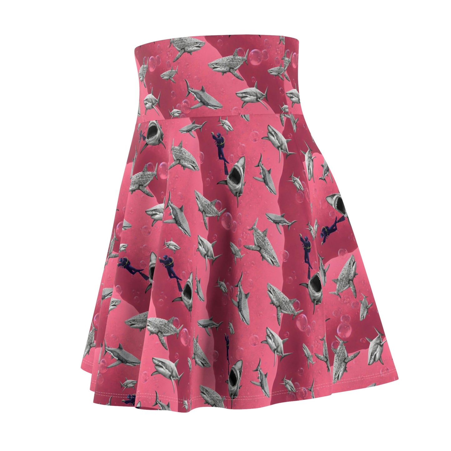 Shark Skater Skirt, Forest Print Women's Skirt, Handmade Scuba Skirt, Pink Sea Skirt, High Waist Skirt, Colorful Apparel