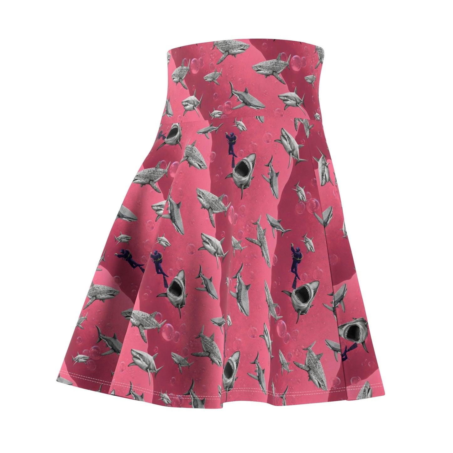 Shark Skater Skirt, Forest Print Women's Skirt, Handmade Scuba Skirt, Pink Sea Skirt, High Waist Skirt, Colorful Apparel
