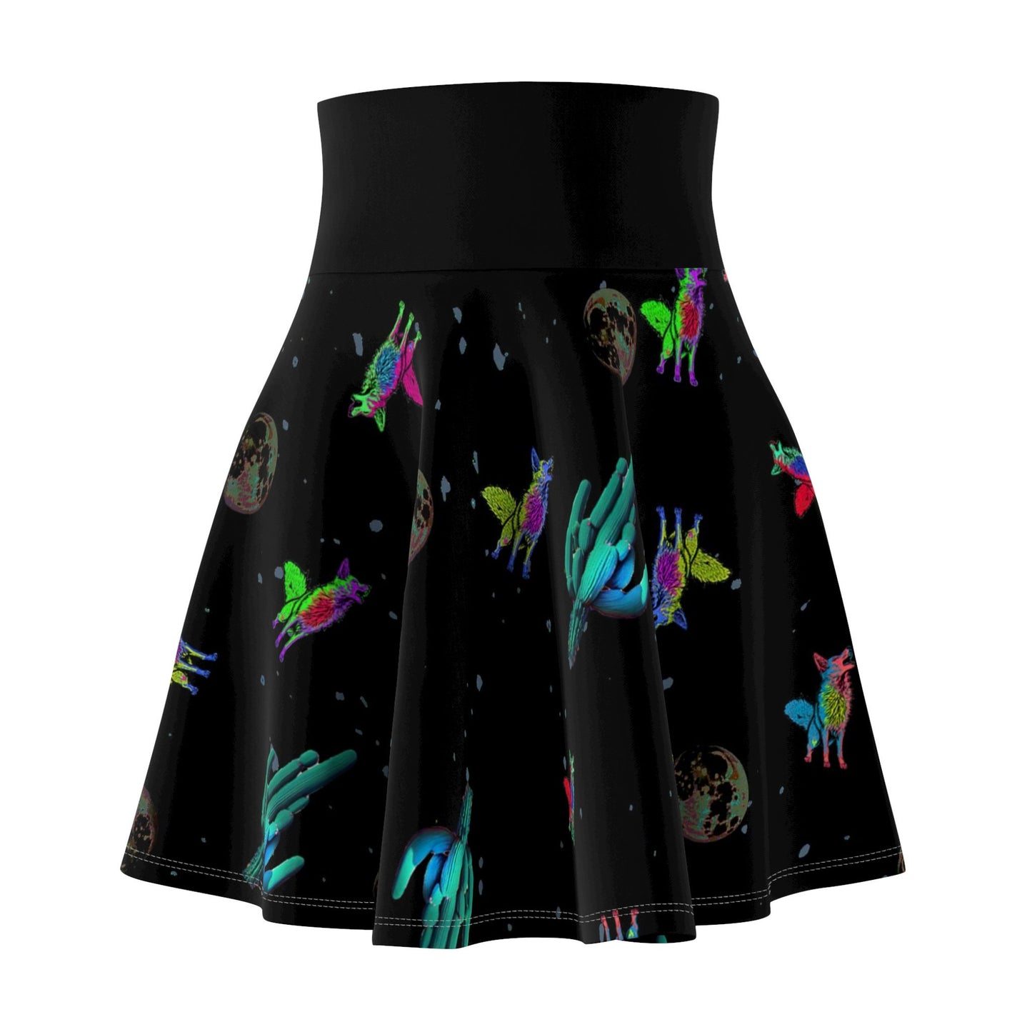 Galaxy Skater Skirt, Space Print Women's Skirt, Handmade Coyote Skater Skirt, Black Skirt, High Waist Skirt, Cactus Apparel