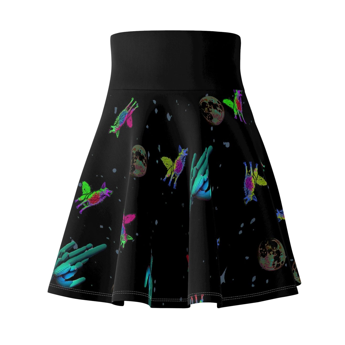 Galaxy Skater Skirt, Space Print Women's Skirt, Handmade Coyote Skater Skirt, Black Skirt, High Waist Skirt, Cactus Apparel