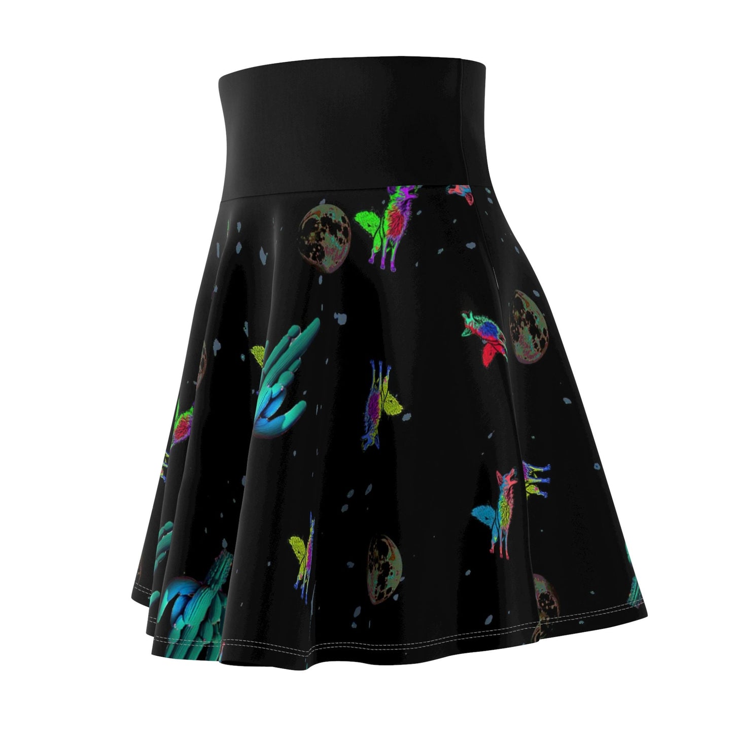 Galaxy Skater Skirt, Space Print Women's Skirt, Handmade Coyote Skater Skirt, Black Skirt, High Waist Skirt, Cactus Apparel