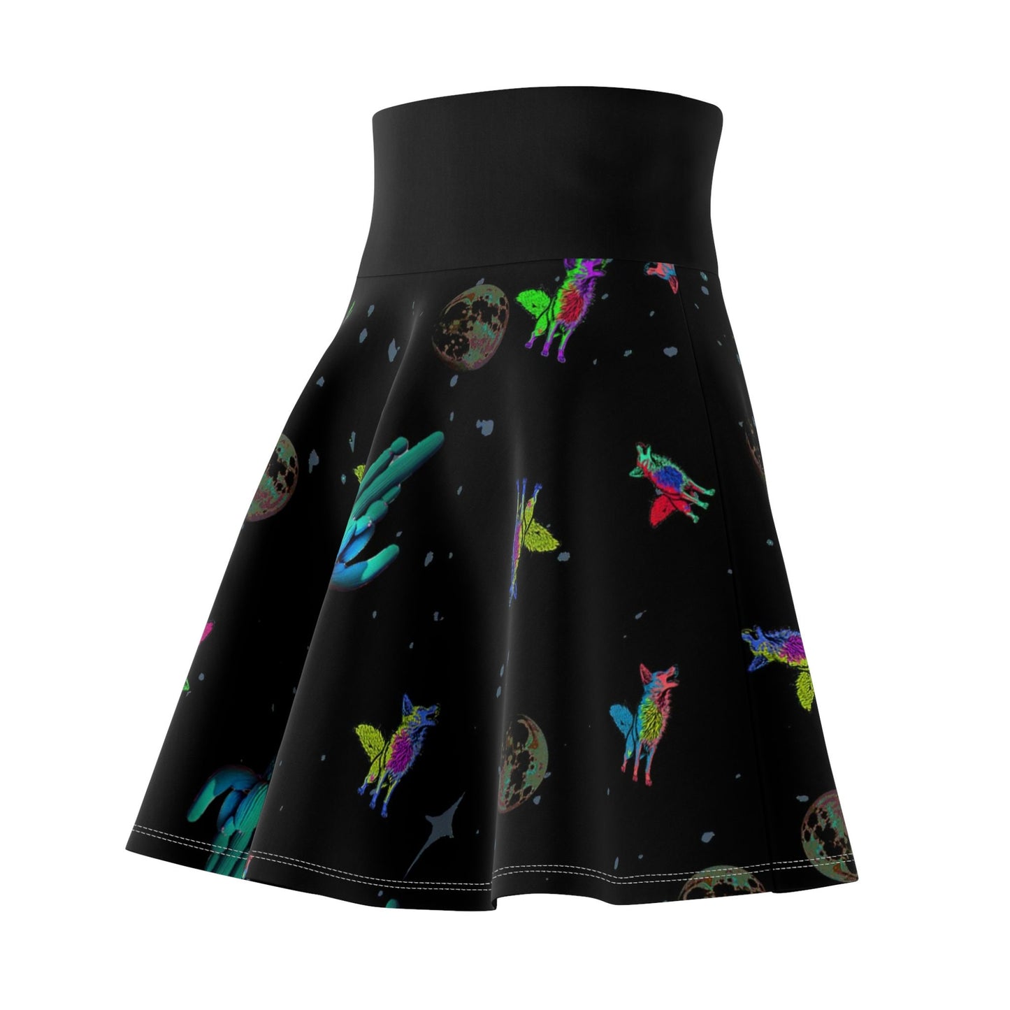 Galaxy Skater Skirt, Space Print Women's Skirt, Handmade Coyote Skater Skirt, Black Skirt, High Waist Skirt, Cactus Apparel