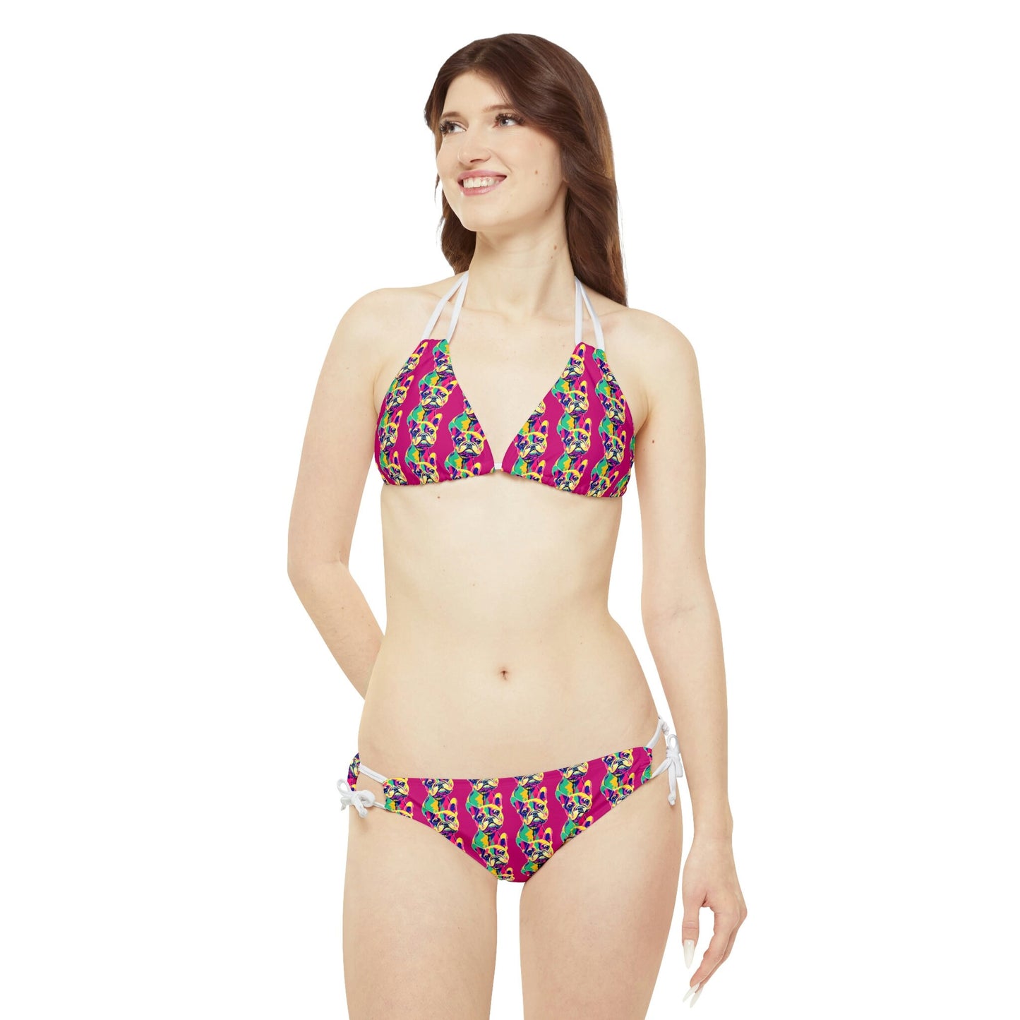 French Bulldog String Bikini Set, Dog Print Sexy Bikini, Trendy Strappy Bikini Set, Animal Print Bikini Set, Gift For Women