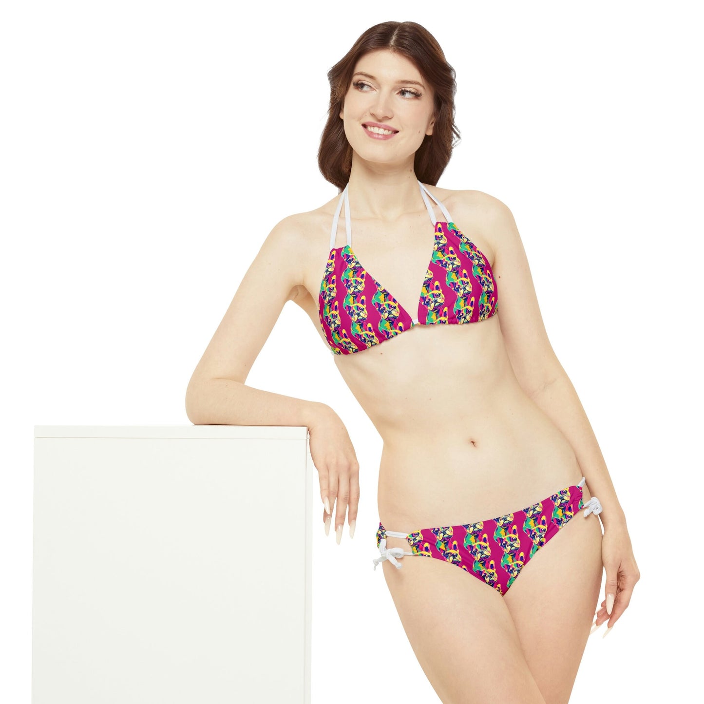 French Bulldog String Bikini Set, Dog Print Sexy Bikini, Trendy Strappy Bikini Set, Animal Print Bikini Set, Gift For Women