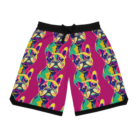 French Bulldog Pop Art Basketball Shorts, Pink High Waisted Shorts, Frenchie Clothing Graphic Shorts, Gym Shorts Men