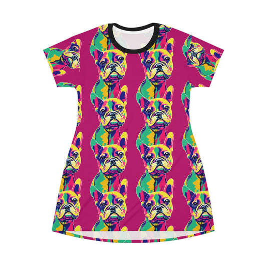 French Bulldog Tshirt Dress, Pop Art Women Tshirt  Dress, Aesthetic Animal Tshirt, Plus Size Dog Lover Tshirt, Graphic Tshirt