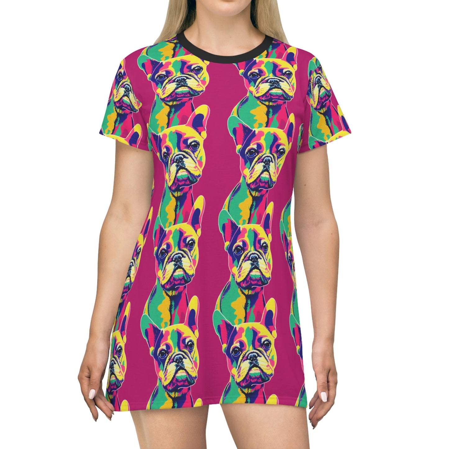 French Bulldog Tshirt Dress, Pop Art Women Tshirt  Dress, Aesthetic Animal Tshirt, Plus Size Dog Lover Tshirt, Graphic Tshirt