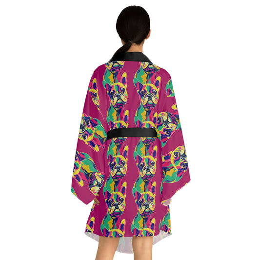 French Bulldog Pop Art Long Sleeve Kimono Robe, Japanese Kimono Robe for Women, Frenchie Clothing Boho Kimono Robe, Traditional Clothing