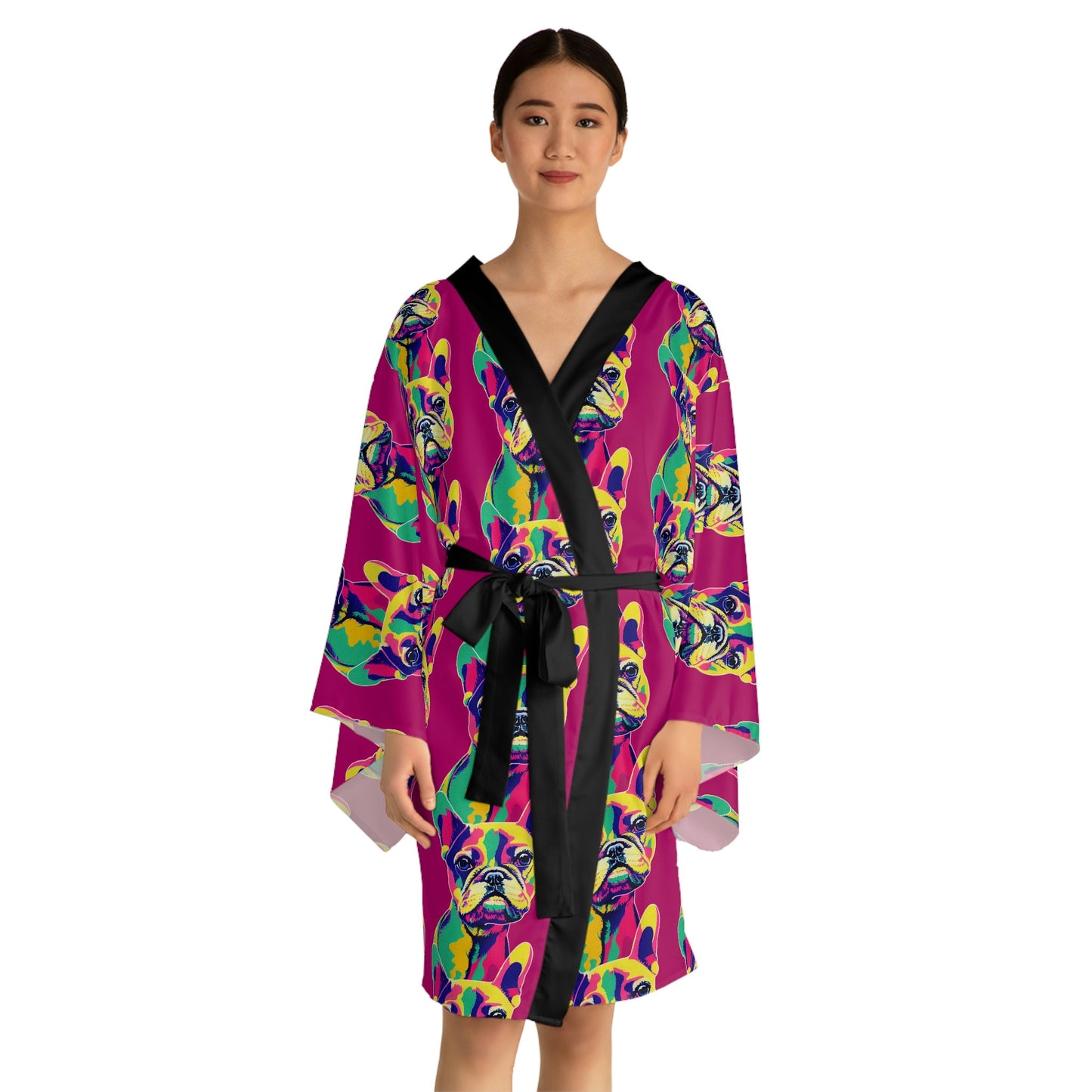 French Bulldog Pop Art Long Sleeve Kimono Robe, Japanese Kimono Robe for Women, Frenchie Clothing Boho Kimono Robe, Traditional Clothing