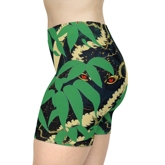 Black Wolf in Jungle Women Biker Shorts, Wolf Clothing Graphic Shorts, Animal Clothing Gym Shorts, Sexy Booty Shorts