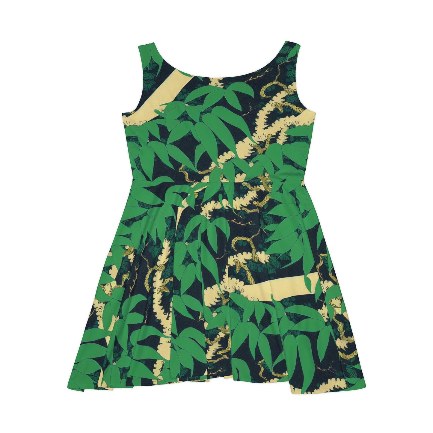 Black Wolf Skater Dress, Wolf Jungle Sleeveless Dress, Green Pattern Skater Dress for Women, Handmade Teen Dress