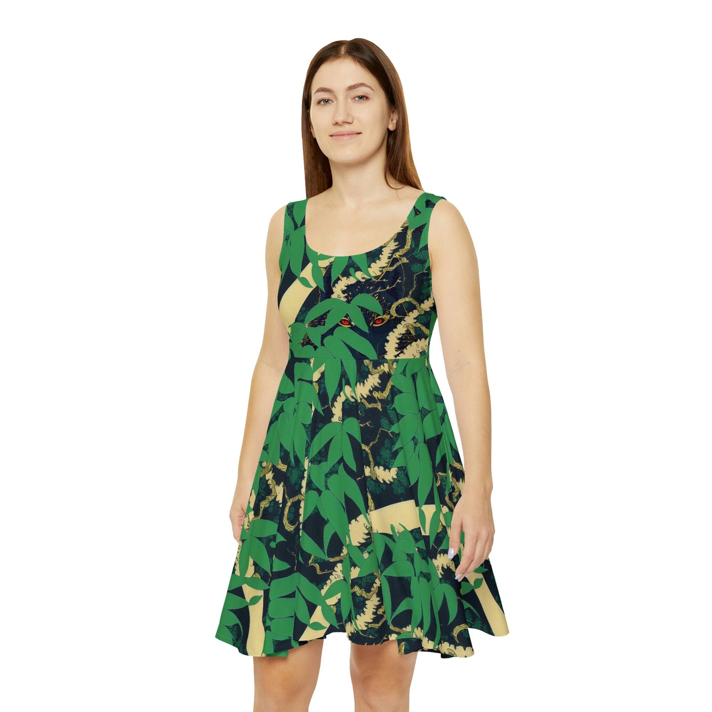 Black Wolf Skater Dress, Wolf Jungle Sleeveless Dress, Green Pattern Skater Dress for Women, Handmade Teen Dress