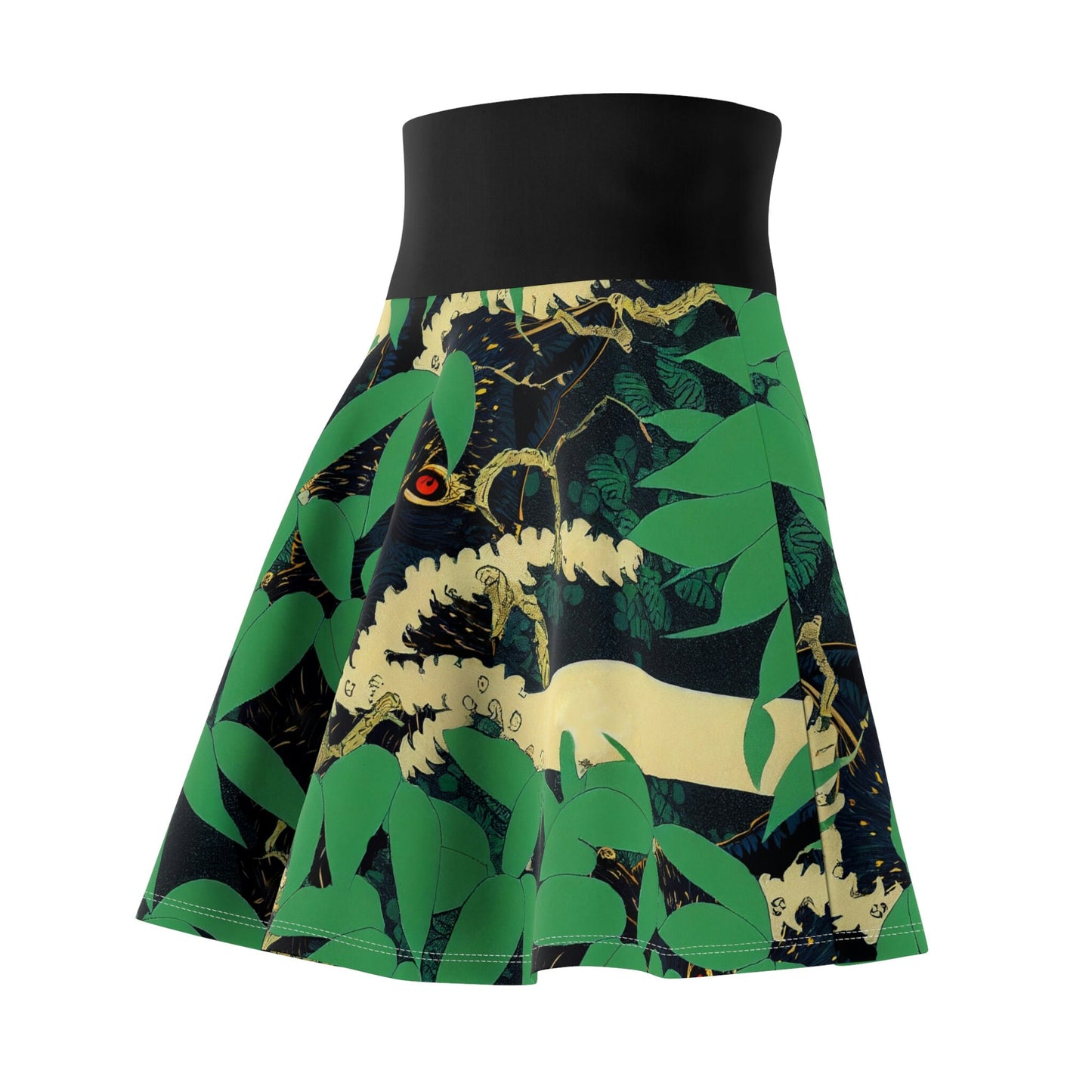 Black Wolf Skater Skirt, Handmade Green Skirt, Jungle Print Spandex Skirt, High Waist Skirt,  Luxury Tree Maxi Skirt