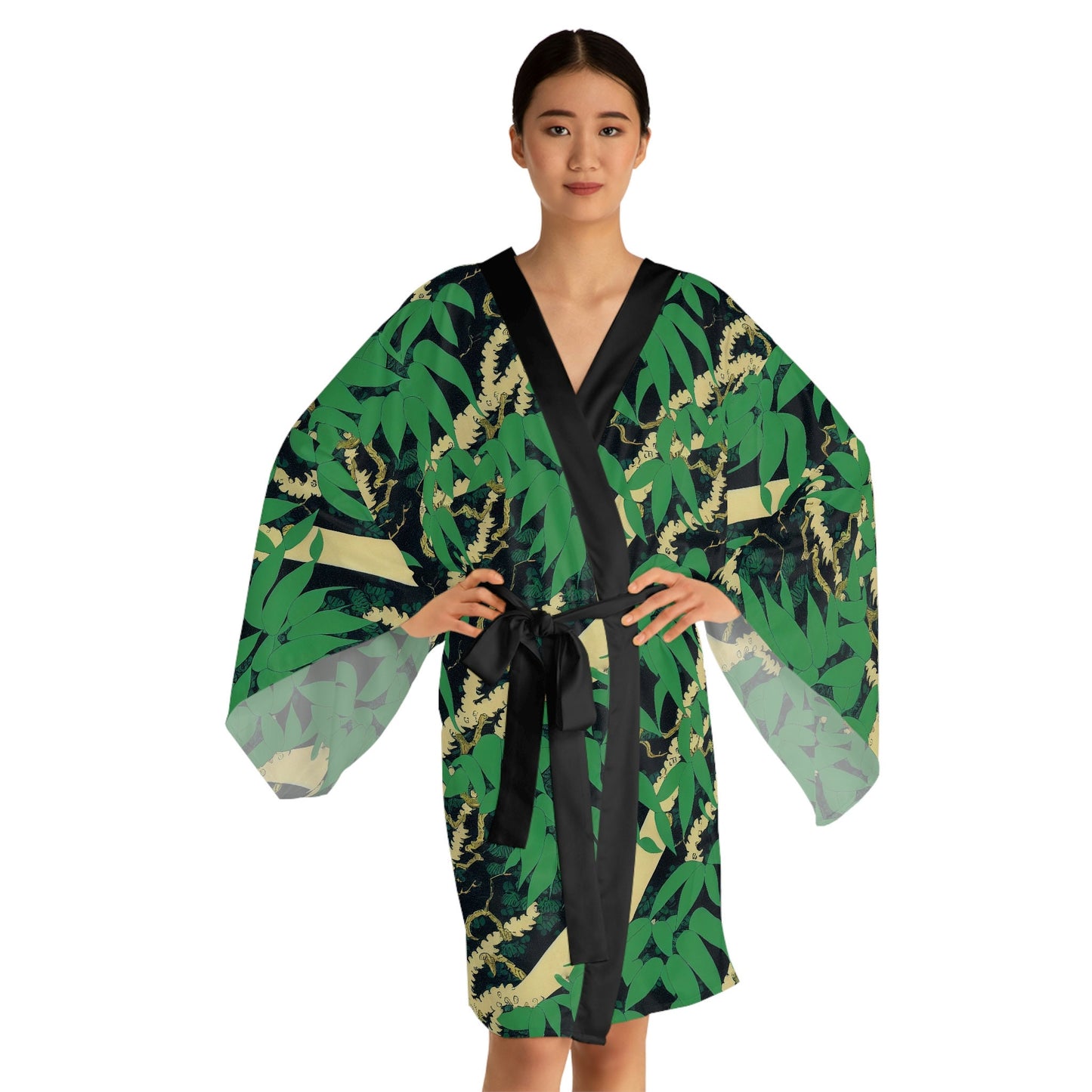 Black Wolf Jungle Long Sleeve Kimono Robe, Botanical Clothing Boho Kimono Robe, Japanese Kimono Robe for Women, Traditional Clothing