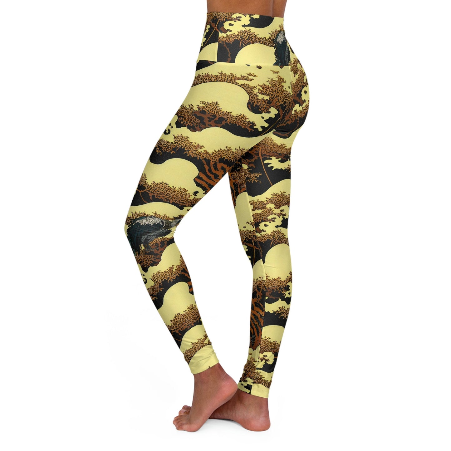 Gold Forest Vulture Yoga Leggings, High Waist Leggings, Plus Size Leggings for Women, Fitness Leggings, Gym Leggings