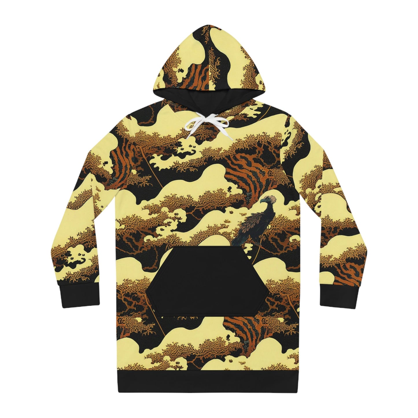 Gold Forest Hoodie Dress, Vulture Print Womens Hoodie Dress, Oversized Tree Hoodie, Plus Size Dress Hoodie With Pocket