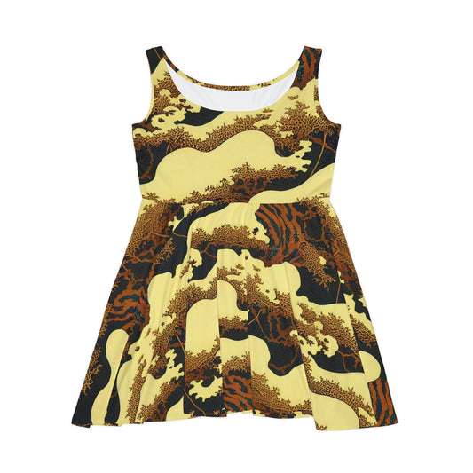 Gold Forest Skater Dress, Vulture Print Sleeveless Dress, Gold Colors Skater Dress for Women, Handmade Short Dress