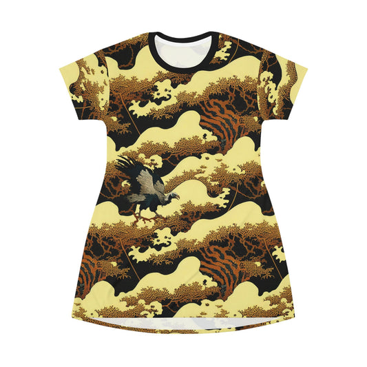 Bird Shirt Dress, Gold Forest Vulture Tshirt Dress, Oversized Nature Shirt for Women, Short Sleeve Comfy Shirt Dress