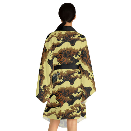 Gold Forest Vulture Long Sleeve Kimono Robe, Bird Clothing Boho Kimono Robe, Japanese Kimono Robe for Women, Traditional Clothing
