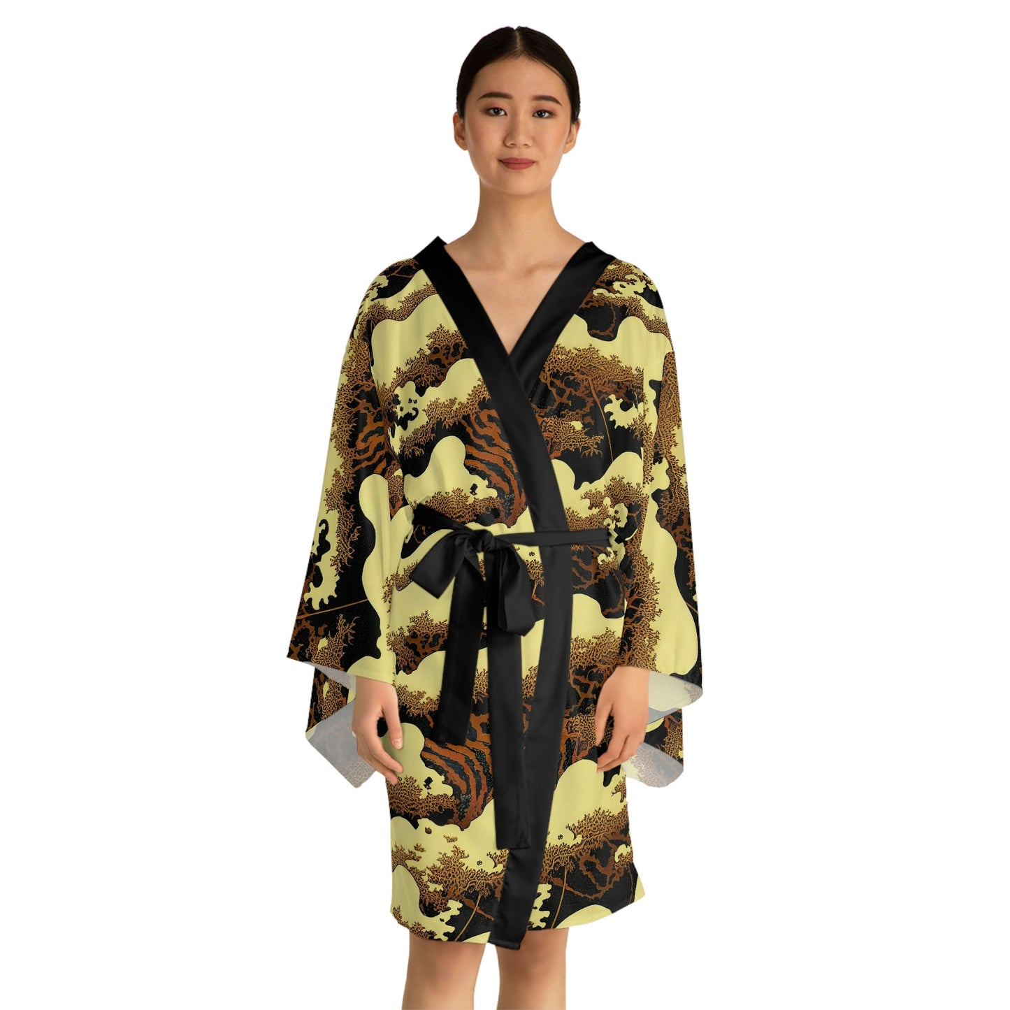 Gold Forest Vulture Long Sleeve Kimono Robe, Bird Clothing Boho Kimono Robe, Japanese Kimono Robe for Women, Traditional Clothing