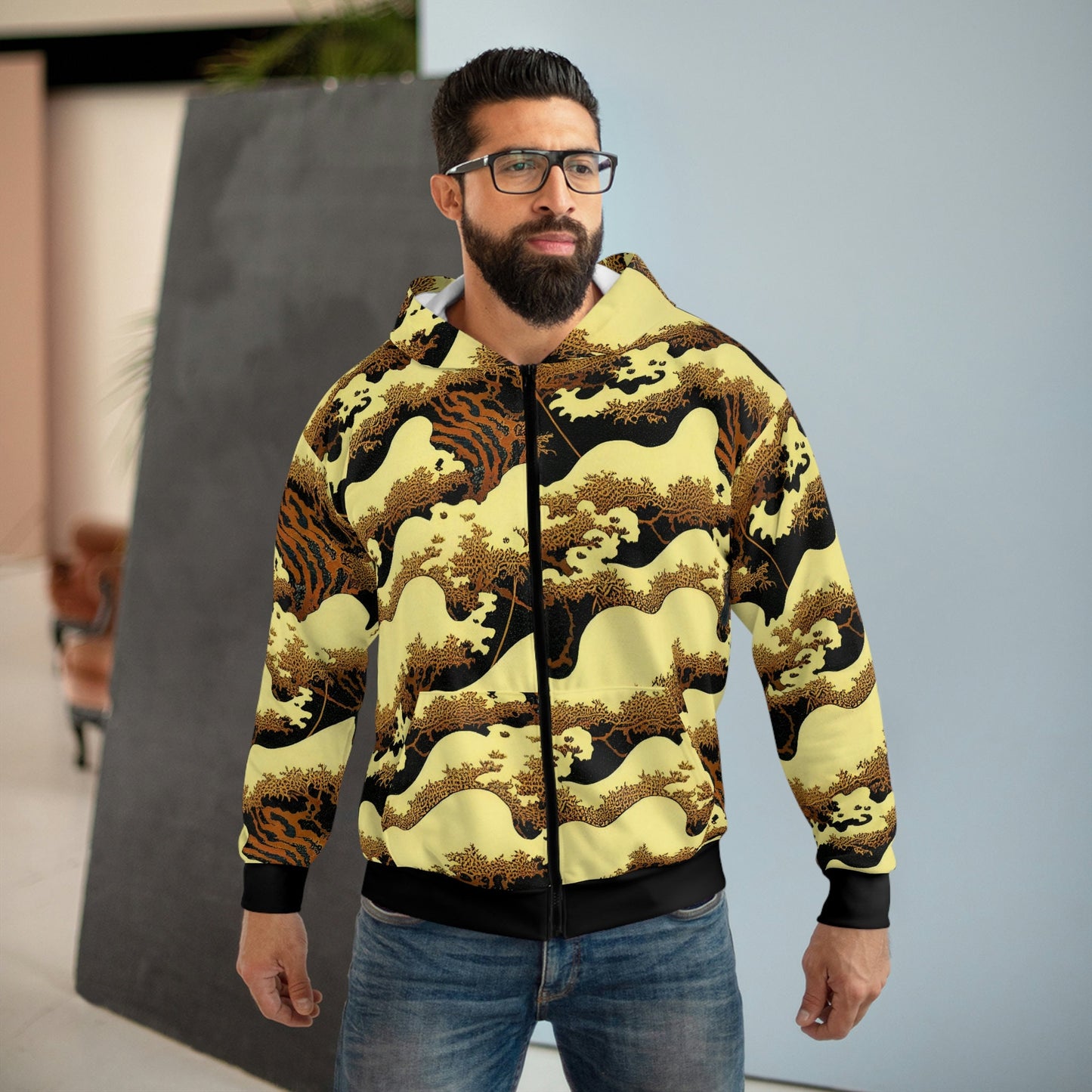 Gold Forest Hoodie, Unisex Zip Up Hoodie, Aesthetic Tree Hoodie, Comfy Graphic Hoodie, Winter Nature Hoodie With Pocket