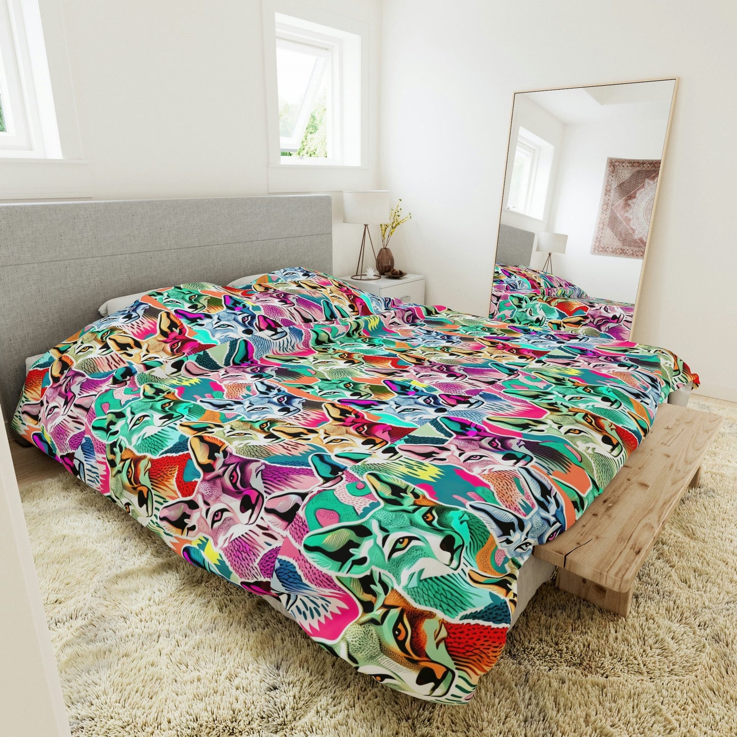 Coyote Colorful Duvet Cover, Wolf Printed Duvet Cover, Animal King Size Duvet, Designer Duvet Cover, Animal Lover Gift