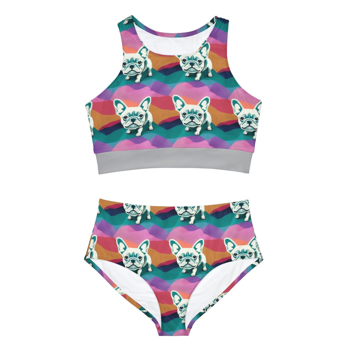 French Bulldog High Waisted Bikini Set, Dog Print Plus Size Sporty Bikini, Two Piece Girls Sexy Bikini Set, Summer Clothing