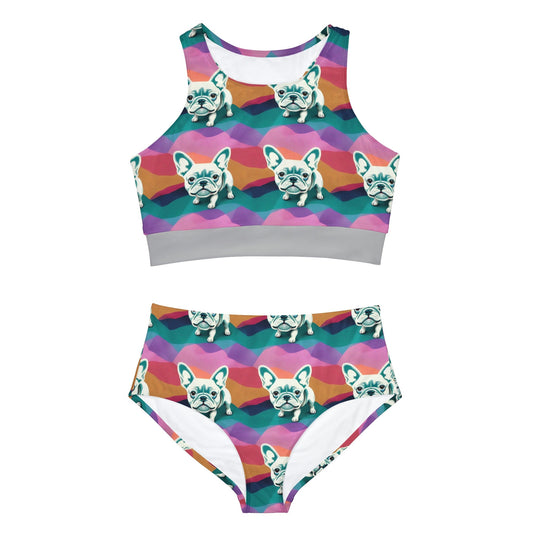 French Bulldog High Waisted Bikini Set, Dog Print Plus Size Sporty Bikini, Two Piece Girls Sexy Bikini Set, Summer Clothing