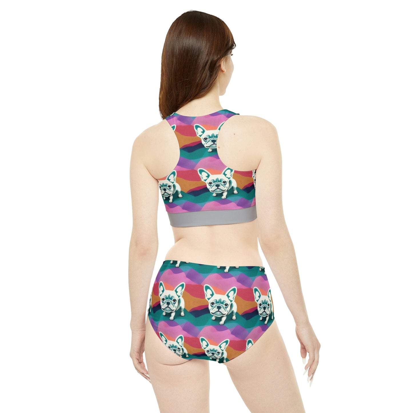 French Bulldog High Waisted Bikini Set, Dog Print Plus Size Sporty Bikini, Two Piece Girls Sexy Bikini Set, Summer Clothing