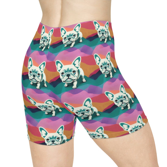 French Bulldog Pattern Women Biker Shorts, Frenchie Design Workout Shorts, Pastel Colors Gym Shorts, Sexy Booty Shorts, Yoga Shorts