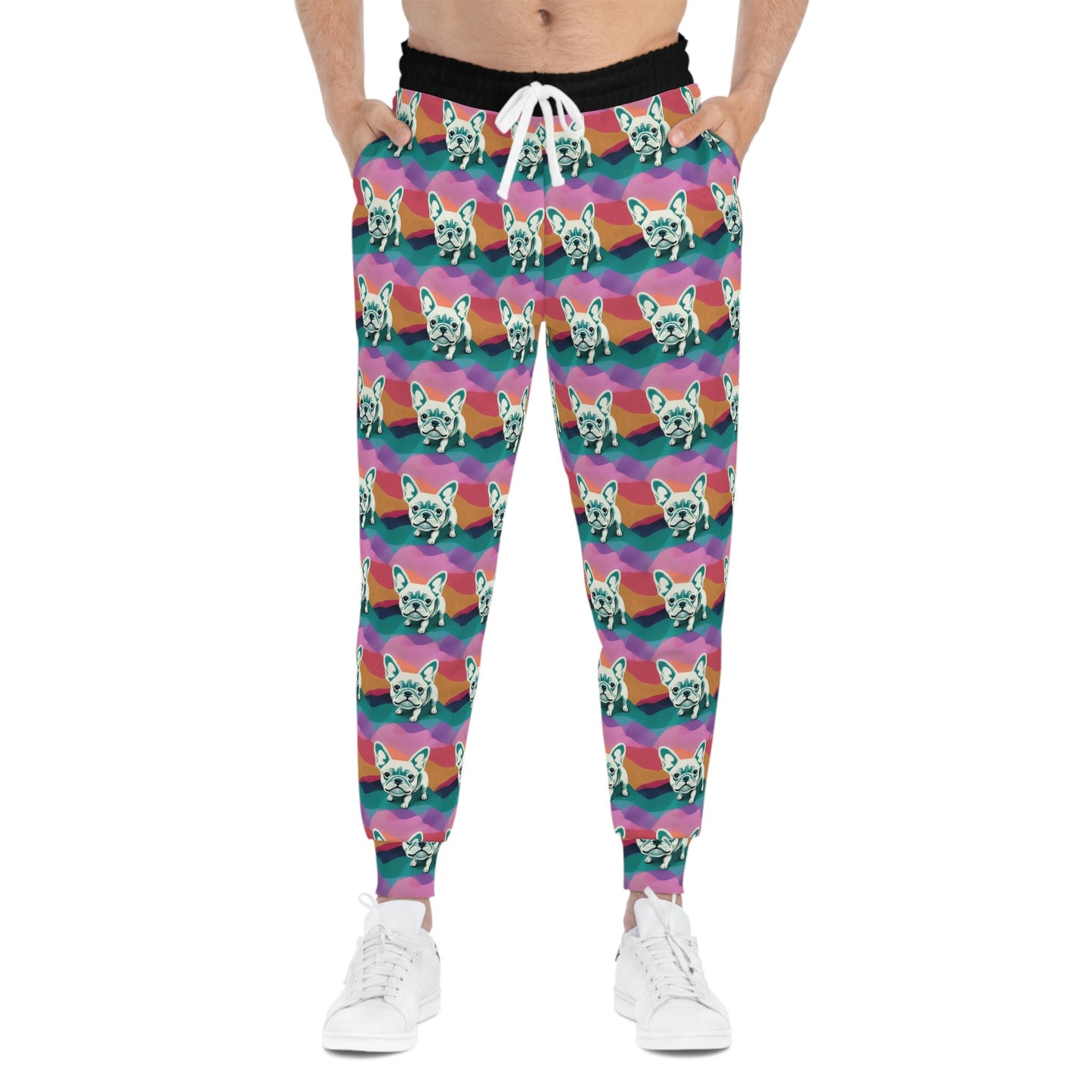 French Bulldog Pattern Mens Joggers, Frenchie Design High Waisted Joggers, Pastel Colors Mens Yoga Pants, Athletic Clothing Streetwear Pants