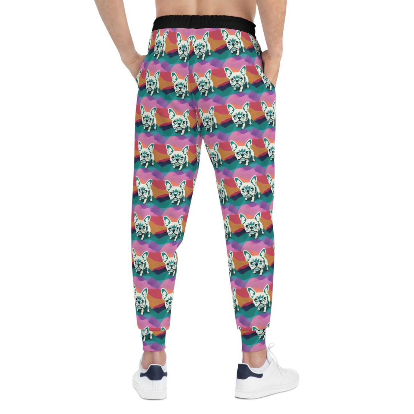 French Bulldog Pattern Mens Joggers, Frenchie Design High Waisted Joggers, Pastel Colors Mens Yoga Pants, Athletic Clothing Streetwear Pants