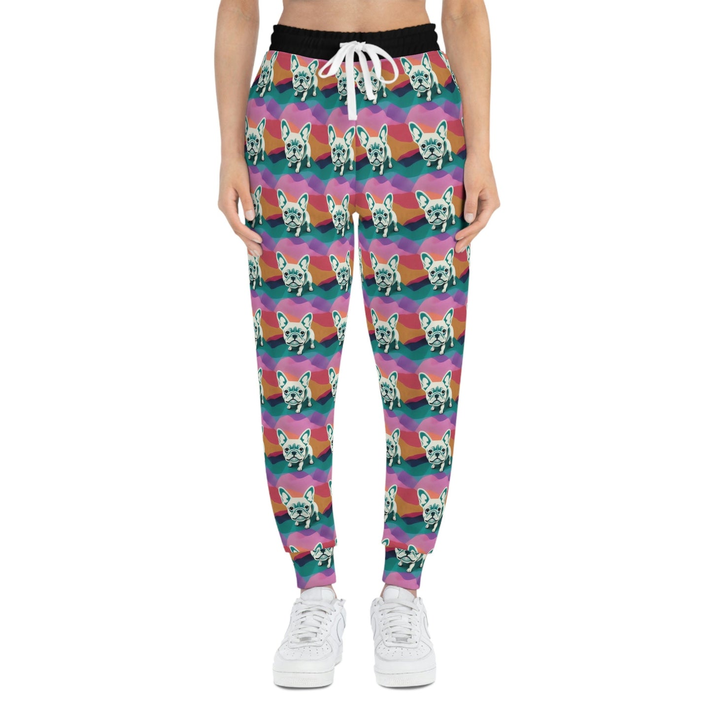 French Bulldog Pattern Mens Joggers, Frenchie Design High Waisted Joggers, Pastel Colors Mens Yoga Pants, Athletic Clothing Streetwear Pants