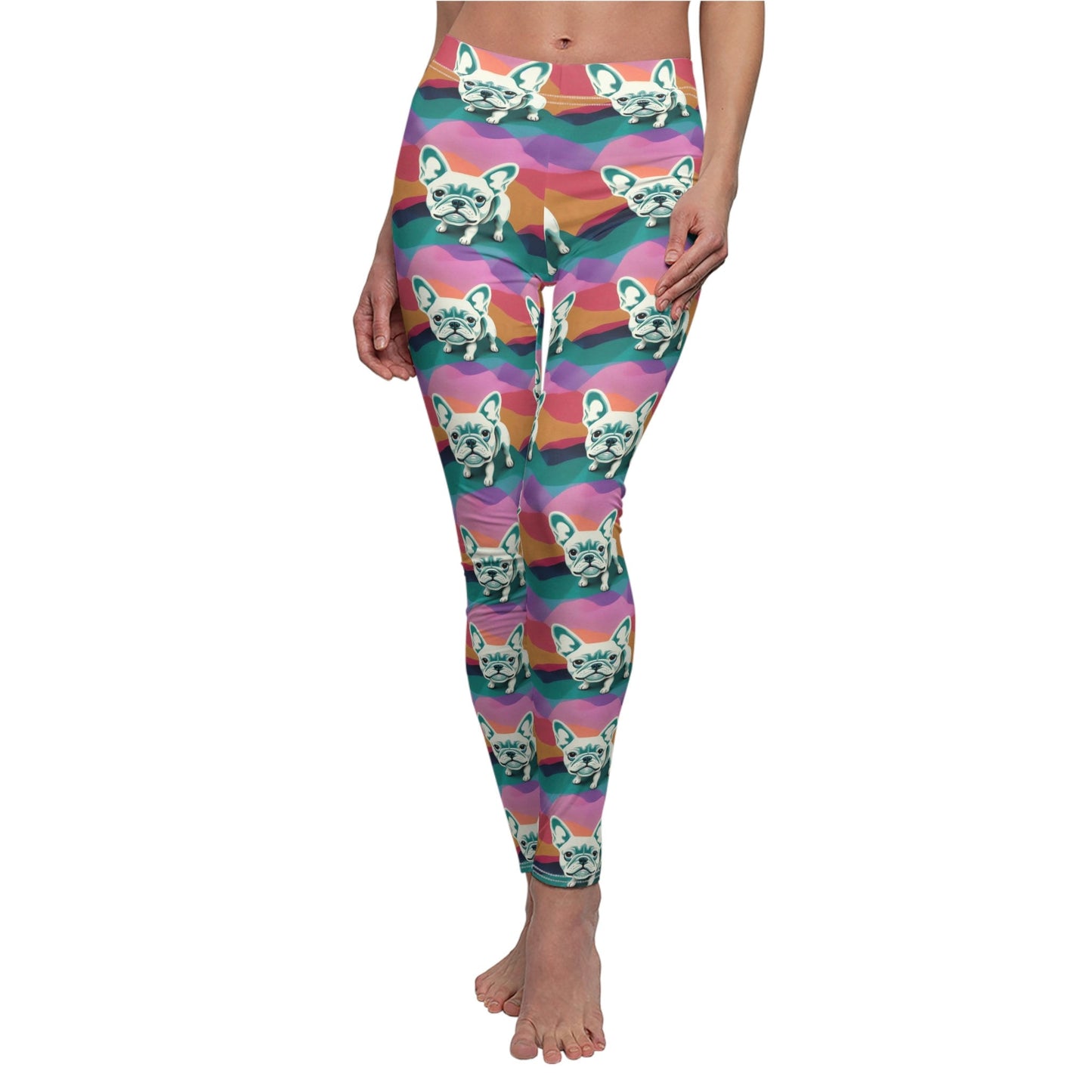 French Bulldog Pattern Workout Leggings, Pastel Leggings, Cut & Sew Leggings, Colorful Leggings for Women, Fitness Leggings