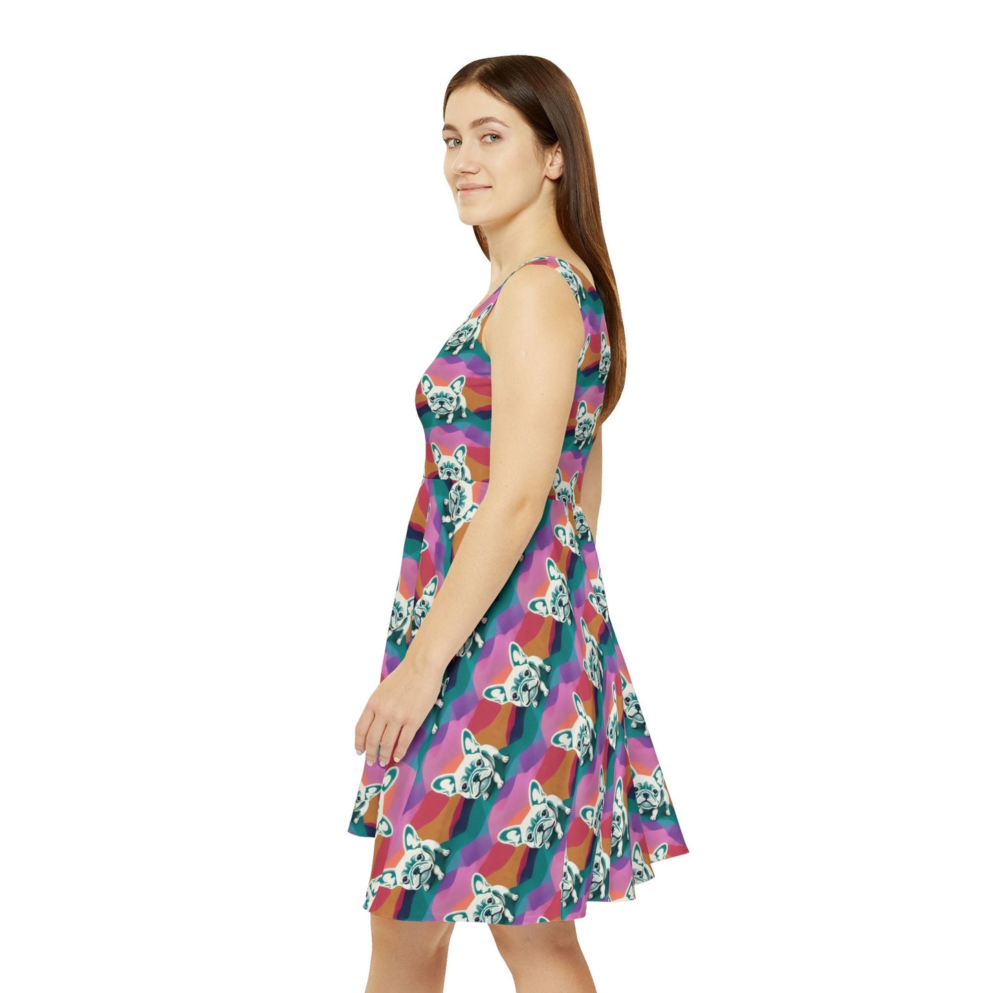French Bulldog Skater Dress, Dog Pattern Sleeveless Dress, Pastel Colors Skater Dress for Women, Handmade Tank Dress