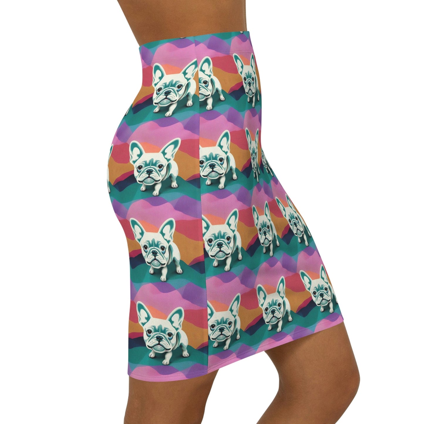 French Bulldog Pencil Skirt, Animal Print Spandex Skirt, Pastel Colors Skirt, Bulldog Pattern Mini Skirt, Handmade Pop Art Skirt