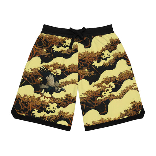 Gold Forest Vulture Basketball Shorts, Bird Clothing High Waisted Shorts, Streetwear Graphic Shorts, Athletic Shorts