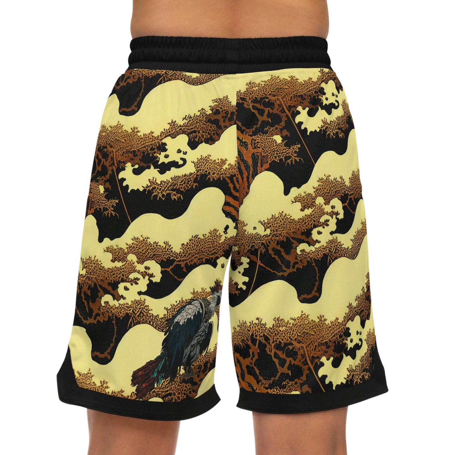 Gold Forest Vulture Basketball Shorts, Bird Clothing High Waisted Shorts, Streetwear Graphic Shorts, Athletic Shorts