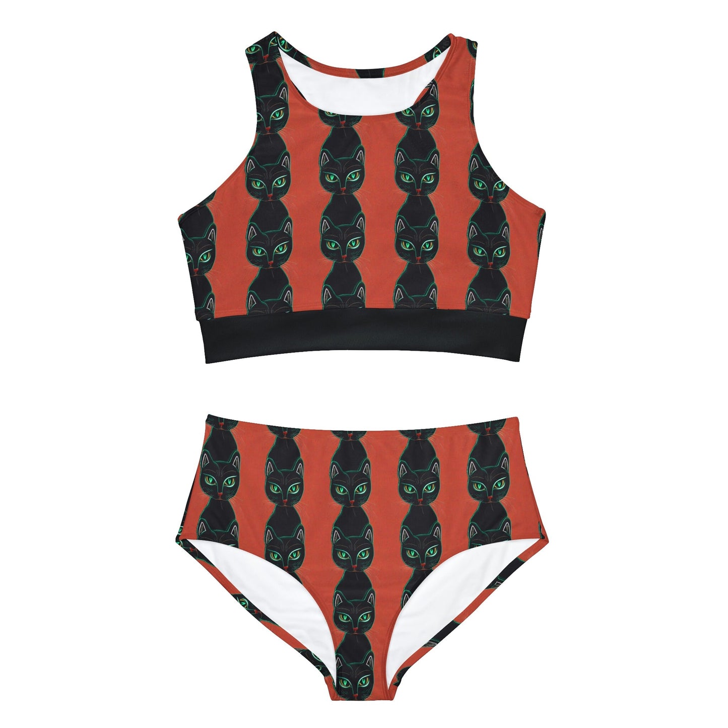 Green Eyed Cat Print Girls Bikini Set, High Waisted Spooky Cat Bikini, Plus Size Sporty Bikini Set, Cat Lover Gift